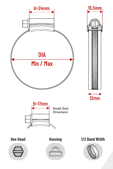M.S. Carbon mild steel hose clamp technical drawing with dimensions
