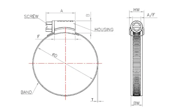 Serrated clamp drawing with screw, band, housing, diameter, and dimension callouts