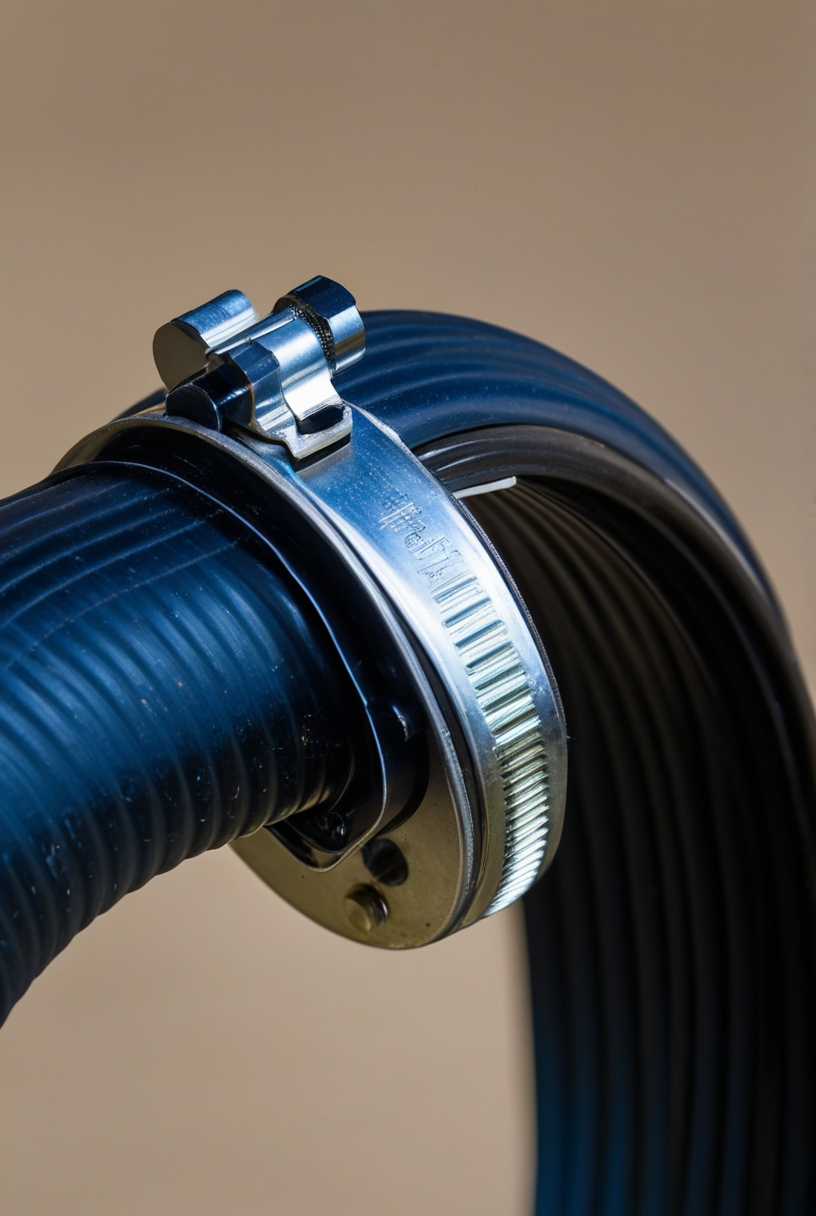Steel hose clamp secured on industrial hose