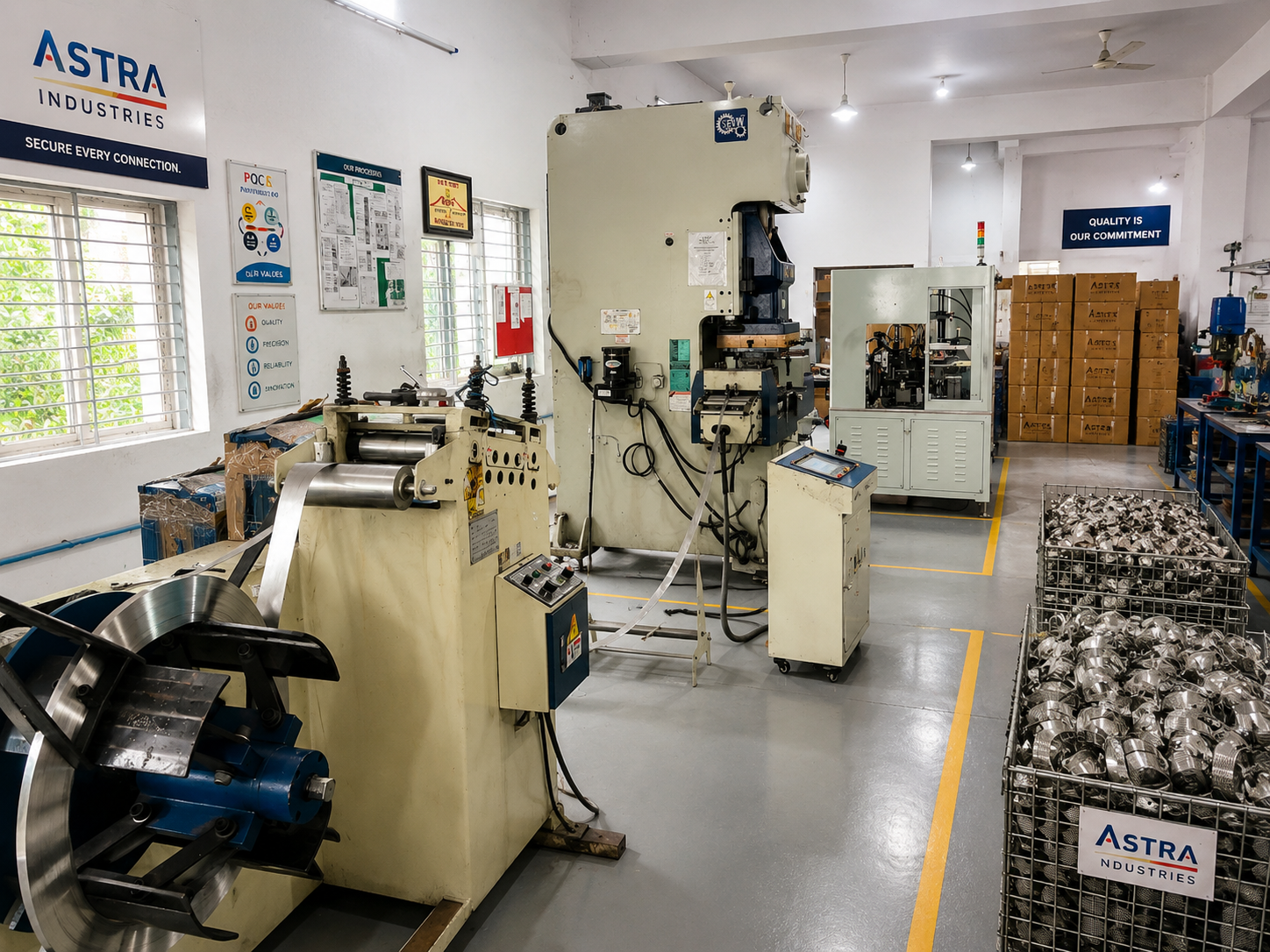 Astra Industries factory floor with hose clamp manufacturing equipment