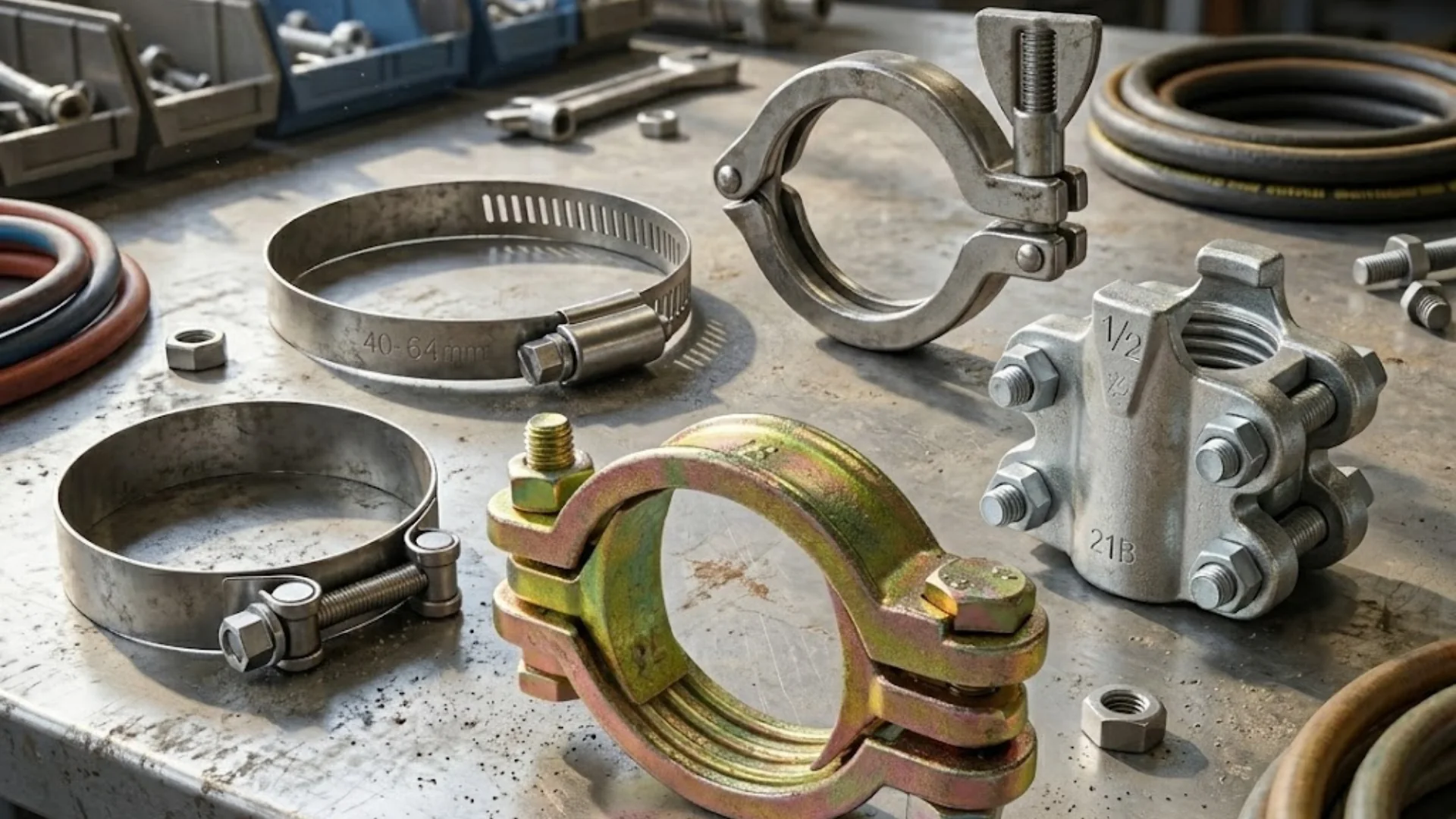 Industrial hose clamps on a workbench for clamp selection insights